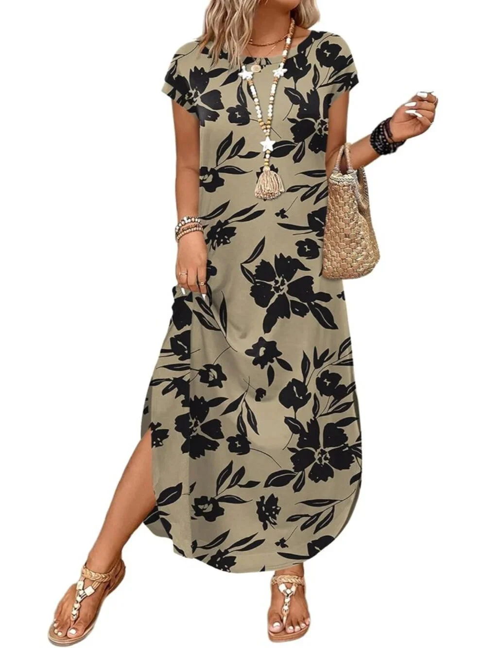 Women's Floral Black Flowers Summer Cap Sleeves Crewneck Maxi Dress with Pockets - Picture 2 of 5